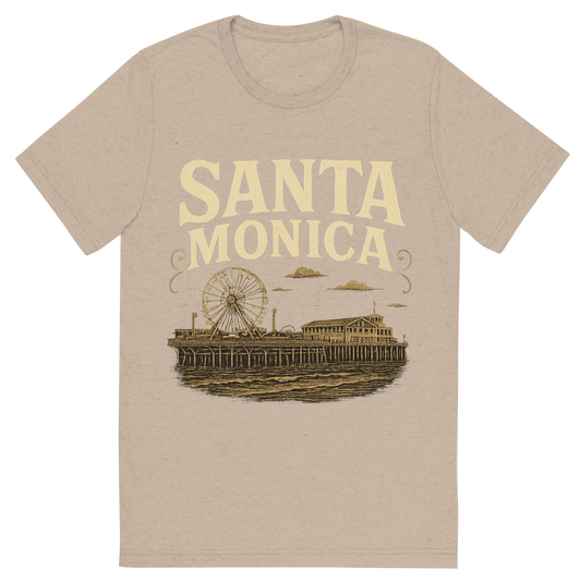 Front view of a Premium Tri-Blend Crew Neck T-Shirt in Tan showing 'A typographic, nostalgic graphic of a typographic illustration of the words 'santa monica' with a vintage line art drawing of the santa monica pier'