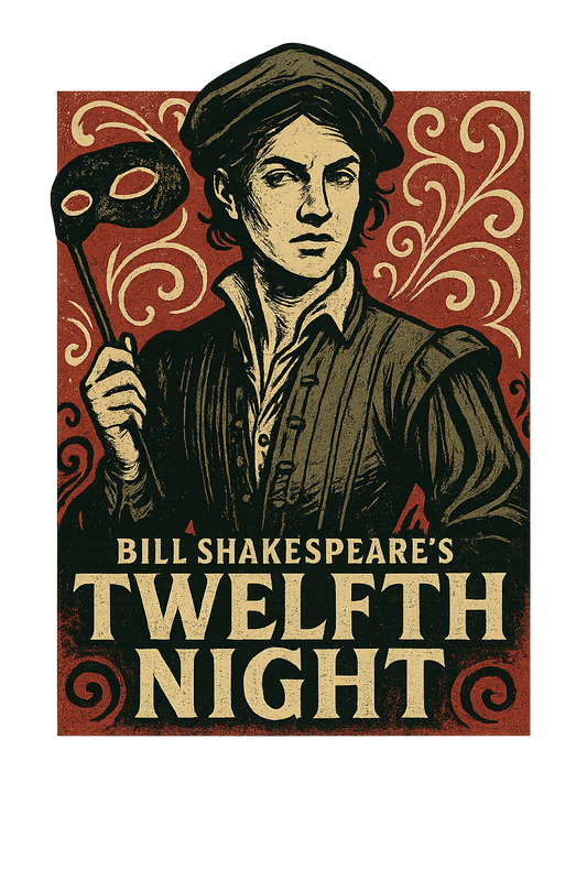 A retro, edgy graphic of a visual representation of a key theme and character from william shakespeare's twelfth night – a t-shirt design