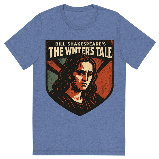 Front view of a Premium Tri-Blend Crew Neck T-Shirt in Blue showing 'A retro, edgy graphic of a visual representation of a key theme and character from william shakespeare's the winter's tale'
