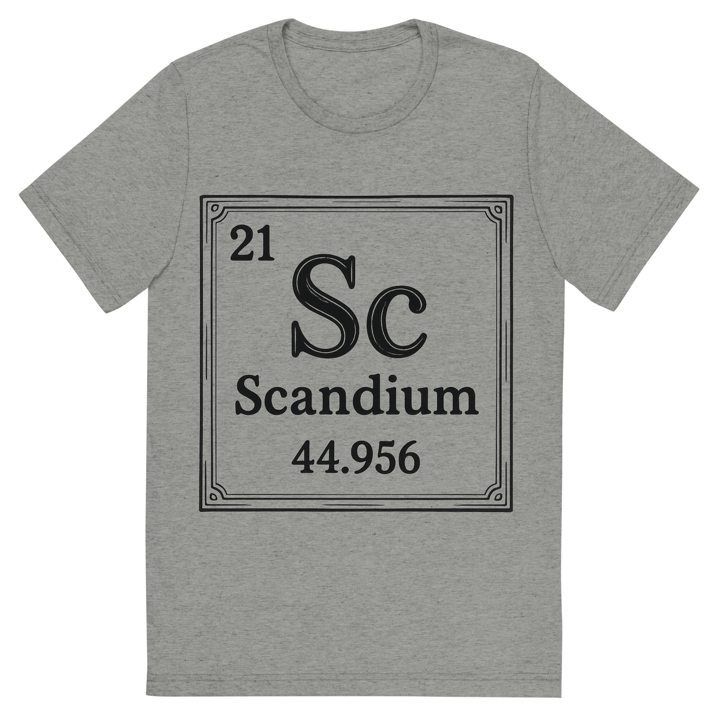 Front view of a Premium Tri-Blend Crew Neck T-Shirt in Athletic Grey showing 'A line art, nostalgic graphic of scandium's entry on the periodic table, use a dark color for the lines and text'
