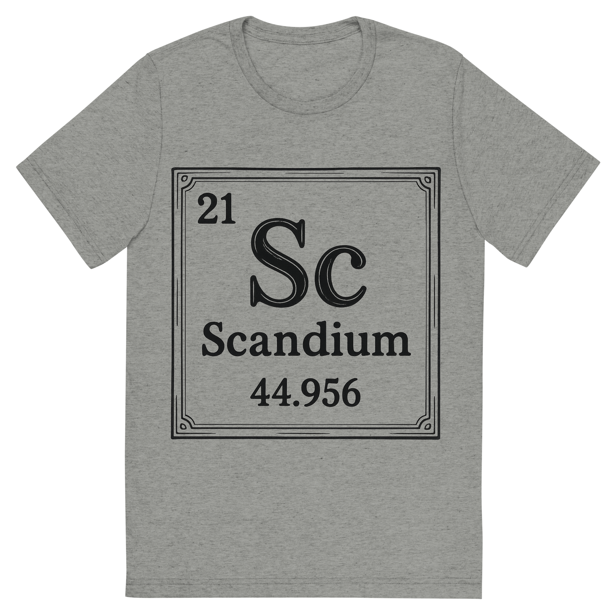 Front view of a Premium Tri-Blend Crew Neck T-Shirt in Athletic Grey showing 'A line art, nostalgic graphic of scandium's entry on the periodic table, use a dark color for the lines and text'