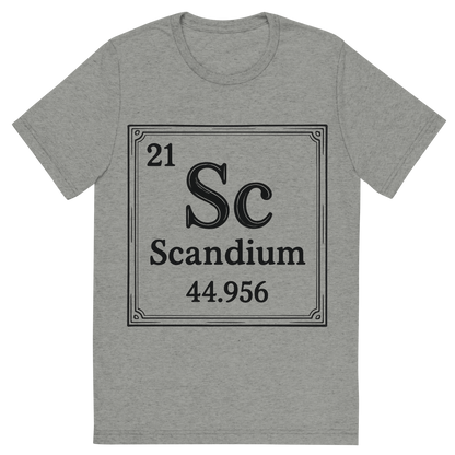 Front view of a Premium Tri-Blend Crew Neck T-Shirt in Athletic Grey showing 'A line art, nostalgic graphic of scandium's entry on the periodic table, use a dark color for the lines and text'