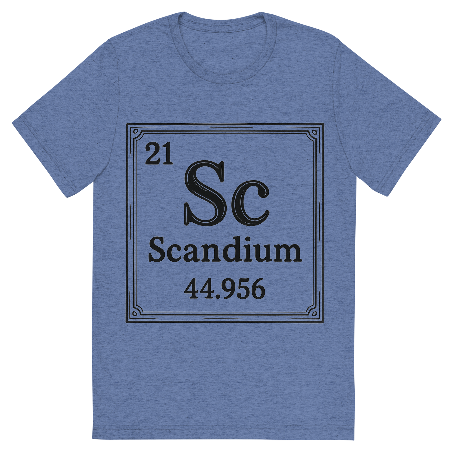 Front view of a Premium Tri-Blend Crew Neck T-Shirt in Blue showing 'A line art, nostalgic graphic of scandium's entry on the periodic table, use a dark color for the lines and text'
