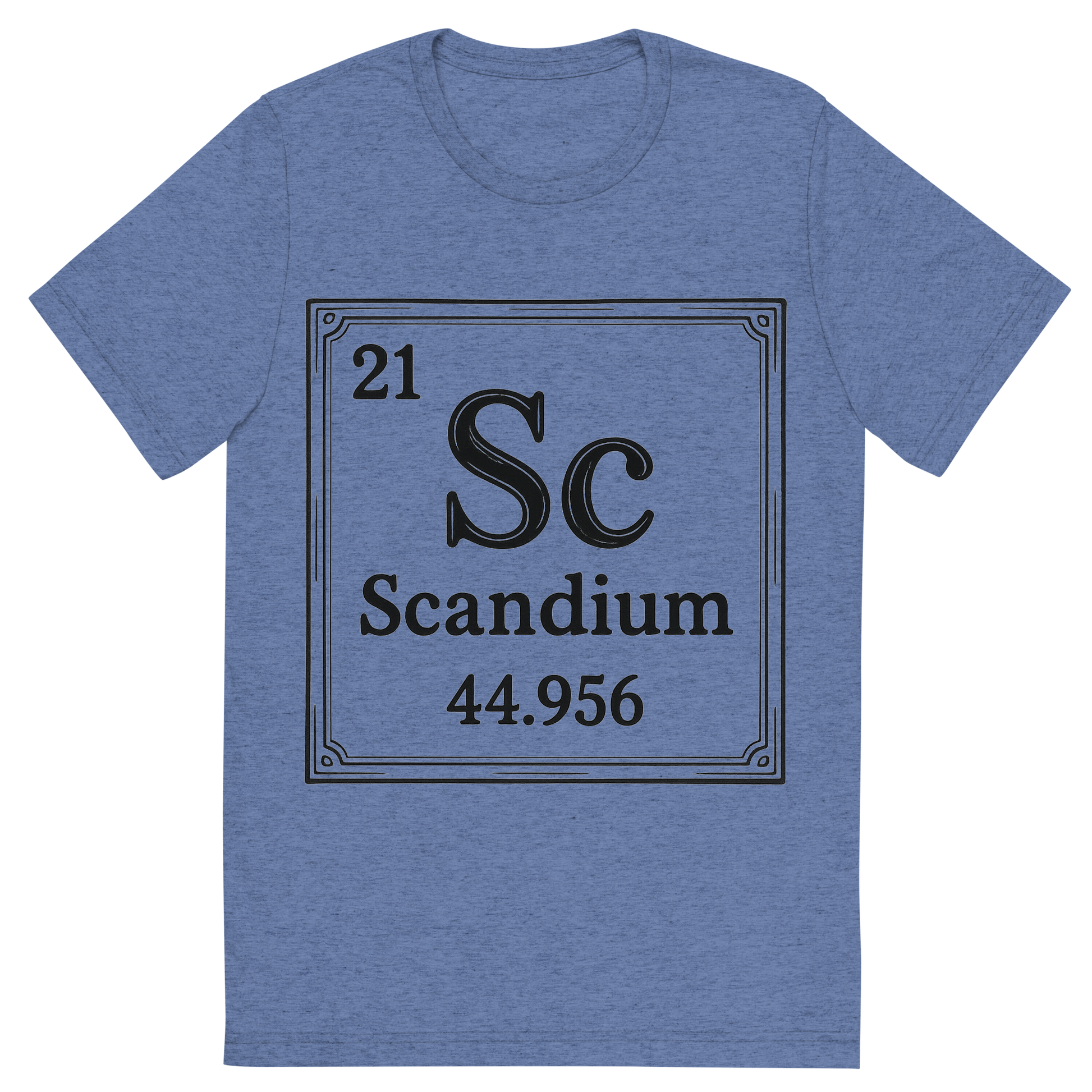 Front view of a Premium Tri-Blend Crew Neck T-Shirt in Blue showing 'A line art, nostalgic graphic of scandium's entry on the periodic table, use a dark color for the lines and text'