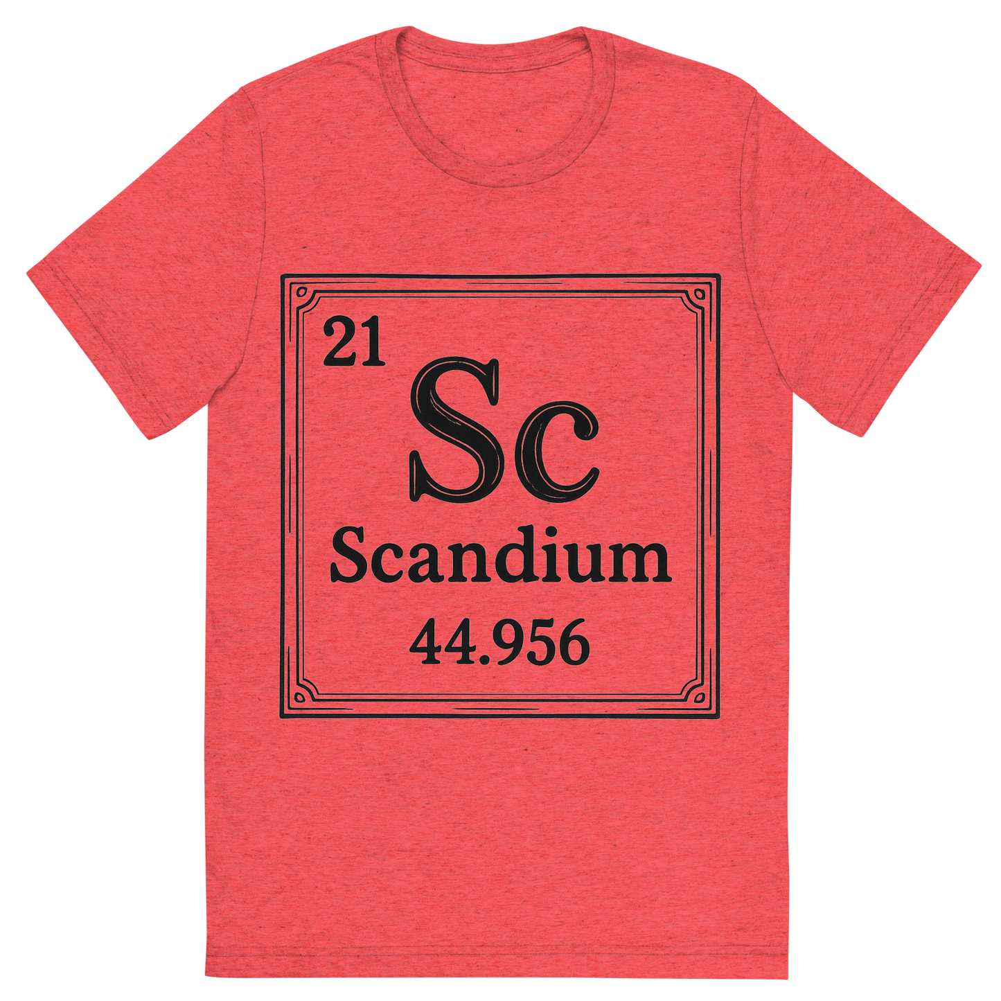 Front view of a Premium Tri-Blend Crew Neck T-Shirt in Red showing 'A line art, nostalgic graphic of scandium's entry on the periodic table, use a dark color for the lines and text'
