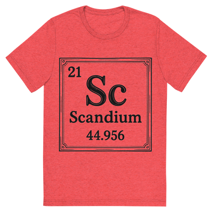 Front view of a Premium Tri-Blend Crew Neck T-Shirt in Red showing 'A line art, nostalgic graphic of scandium's entry on the periodic table, use a dark color for the lines and text'