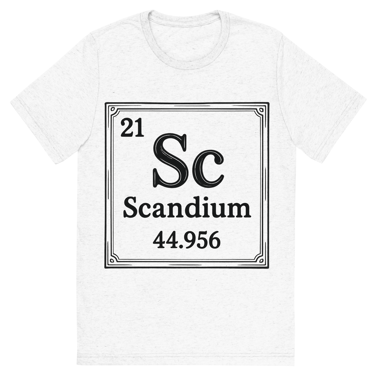 Front view of a Premium Tri-Blend Crew Neck T-Shirt in Solid White showing 'A line art, nostalgic graphic of scandium's entry on the periodic table, use a dark color for the lines and text'