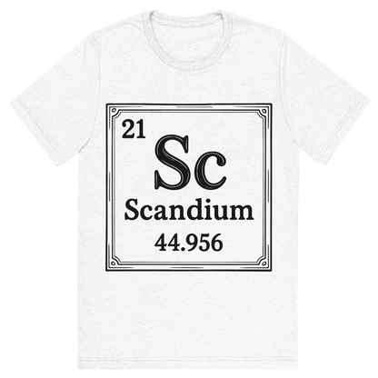 Front view of a Premium Tri-Blend Crew Neck T-Shirt in Solid White showing 'A line art, nostalgic graphic of scandium's entry on the periodic table, use a dark color for the lines and text'