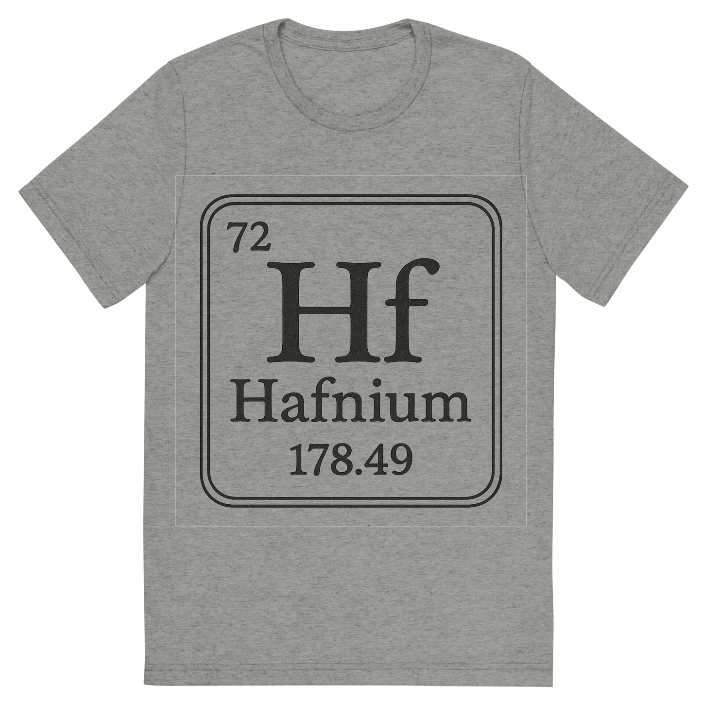 Front view of a Premium Tri-Blend Crew Neck T-Shirt in Athletic Grey showing 'A line art, nostalgic graphic of hafnium's entry on the periodic table, use a dark color for the lines and text'