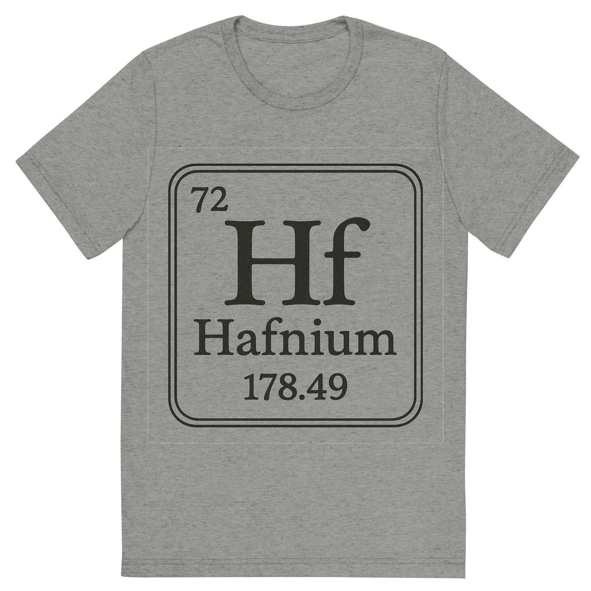 Front view of a Premium Tri-Blend Crew Neck T-Shirt in Athletic Grey showing 'A line art, nostalgic graphic of hafnium's entry on the periodic table, use a dark color for the lines and text'