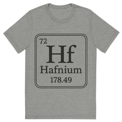 Front view of a Premium Tri-Blend Crew Neck T-Shirt in Athletic Grey showing 'A line art, nostalgic graphic of hafnium's entry on the periodic table, use a dark color for the lines and text'