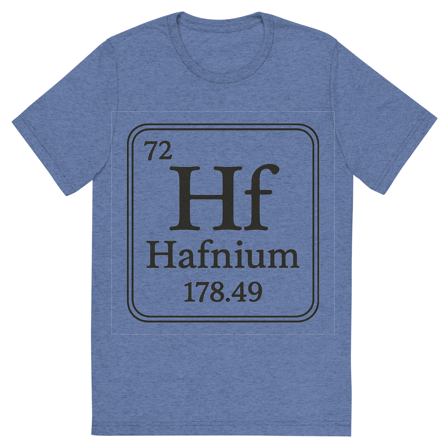 Front view of a Premium Tri-Blend Crew Neck T-Shirt in Blue showing 'A line art, nostalgic graphic of hafnium's entry on the periodic table, use a dark color for the lines and text'