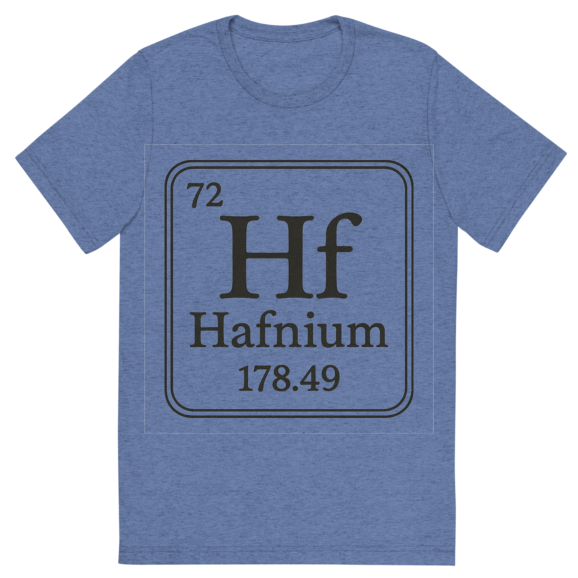 Front view of a Premium Tri-Blend Crew Neck T-Shirt in Blue showing 'A line art, nostalgic graphic of hafnium's entry on the periodic table, use a dark color for the lines and text'