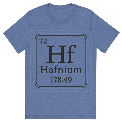 Front view of a Premium Tri-Blend Crew Neck T-Shirt in Blue showing 'A line art, nostalgic graphic of hafnium's entry on the periodic table, use a dark color for the lines and text'