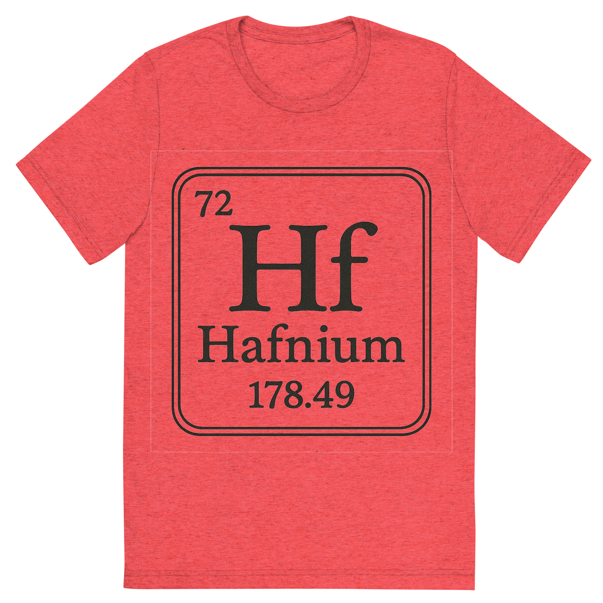 Front view of a Premium Tri-Blend Crew Neck T-Shirt in Red showing 'A line art, nostalgic graphic of hafnium's entry on the periodic table, use a dark color for the lines and text'