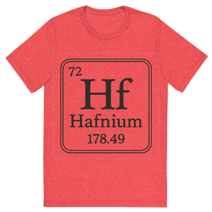 Front view of a Premium Tri-Blend Crew Neck T-Shirt in Red showing 'A line art, nostalgic graphic of hafnium's entry on the periodic table, use a dark color for the lines and text'
