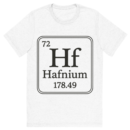 Front view of a Premium Tri-Blend Crew Neck T-Shirt in Solid White showing 'A line art, nostalgic graphic of hafnium's entry on the periodic table, use a dark color for the lines and text'