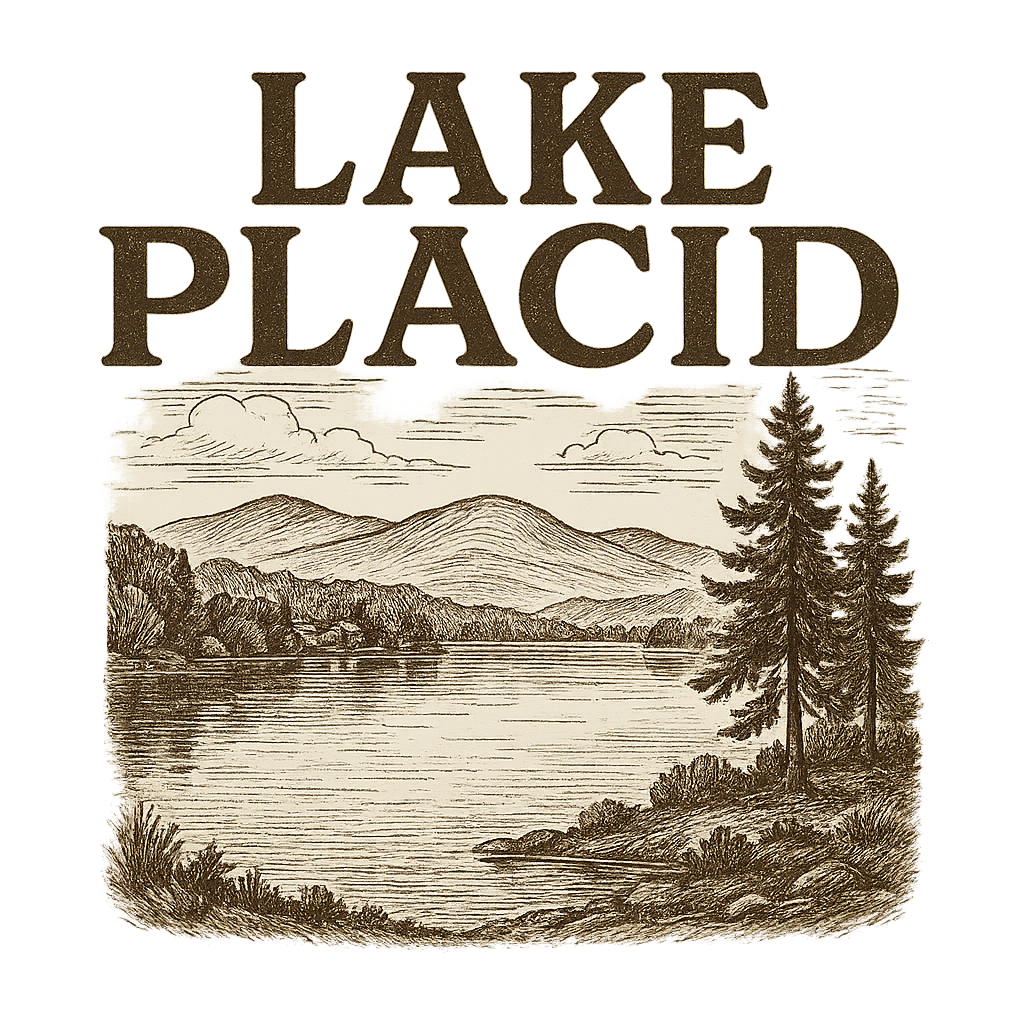A typographic, nostalgic graphic of a typographic illustration of the words 'lake placid' with a vintage line art drawing of mirror lake – a t-shirt design