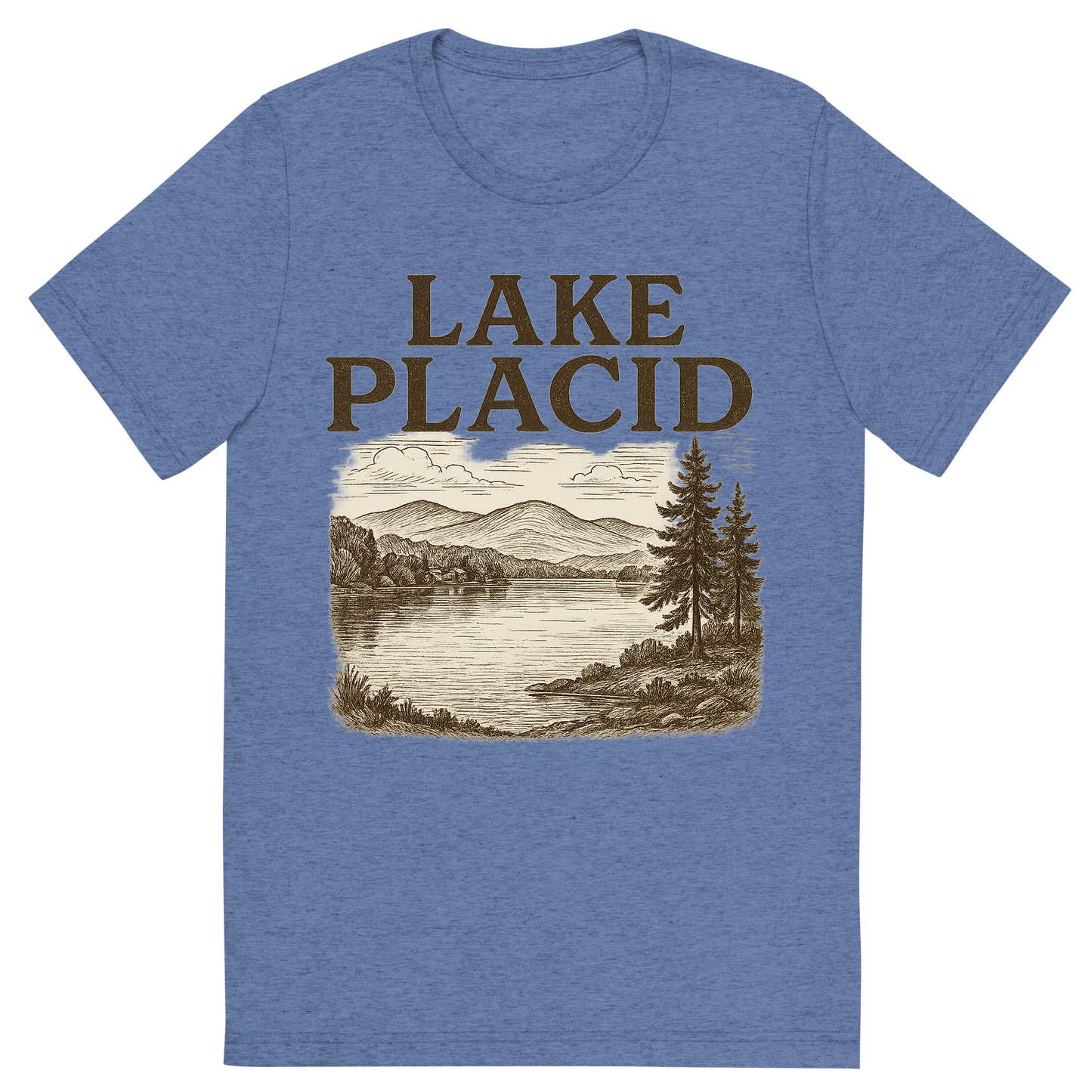 Front view of a Premium Tri-Blend Crew Neck T-Shirt in Blue showing 'A typographic, nostalgic graphic of a typographic illustration of the words 'lake placid' with a vintage line art drawing of mirror lake'
