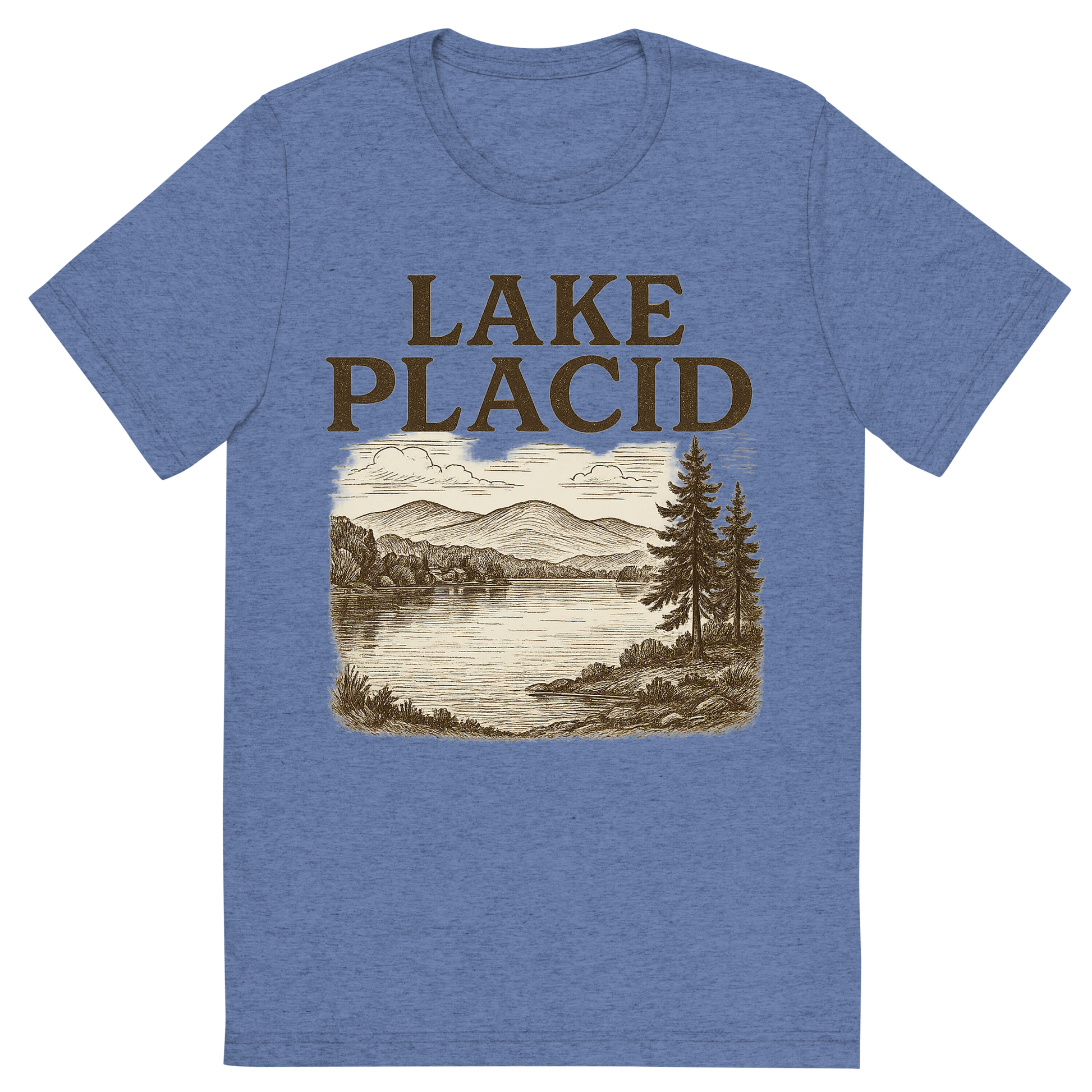Front view of a Premium Tri-Blend Crew Neck T-Shirt in Blue showing 'A typographic, nostalgic graphic of a typographic illustration of the words 'lake placid' with a vintage line art drawing of mirror lake'