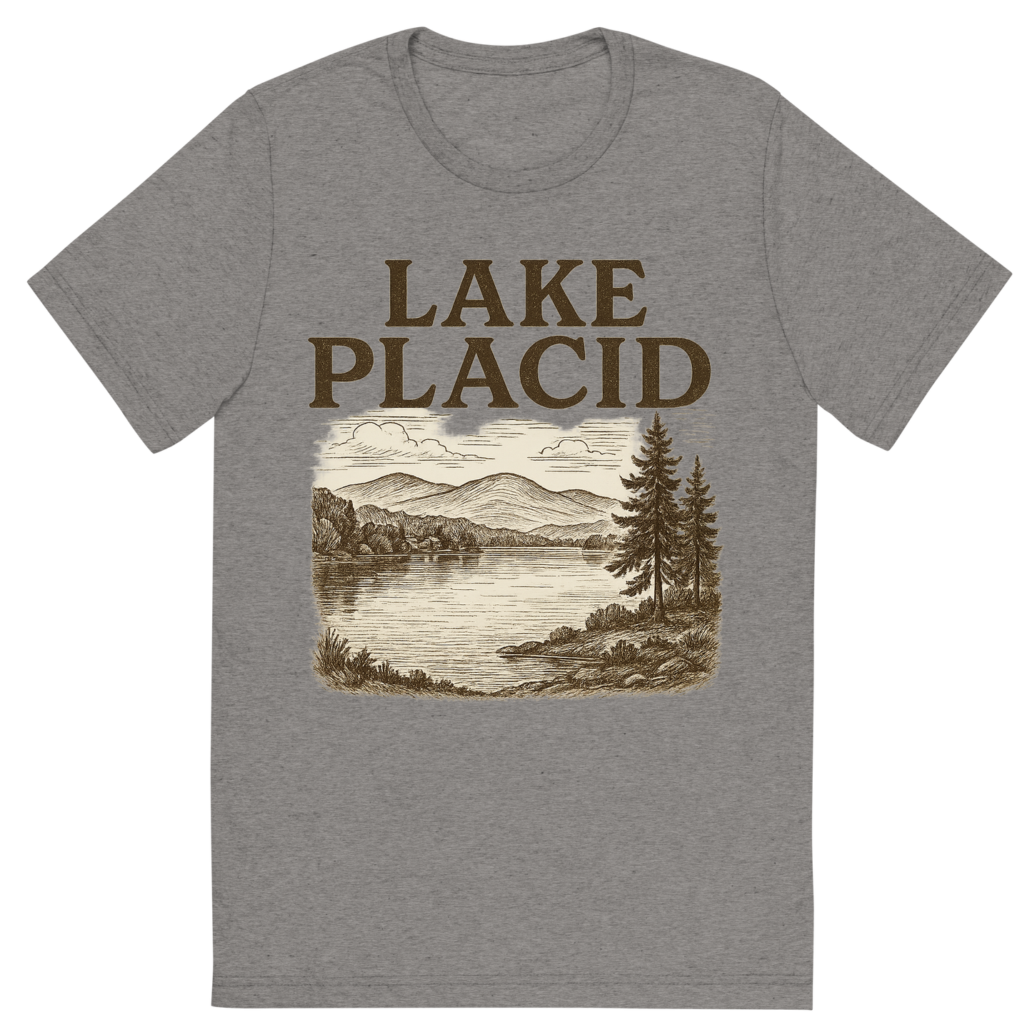 Front view of a Premium Tri-Blend Crew Neck T-Shirt in Grey showing 'A typographic, nostalgic graphic of a typographic illustration of the words 'lake placid' with a vintage line art drawing of mirror lake'