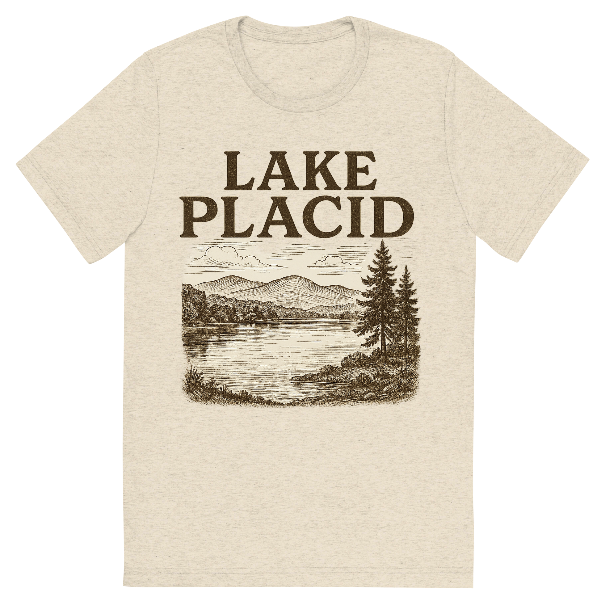 Front view of a Premium Tri-Blend Crew Neck T-Shirt in Oatmeal showing 'A typographic, nostalgic graphic of a typographic illustration of the words 'lake placid' with a vintage line art drawing of mirror lake'