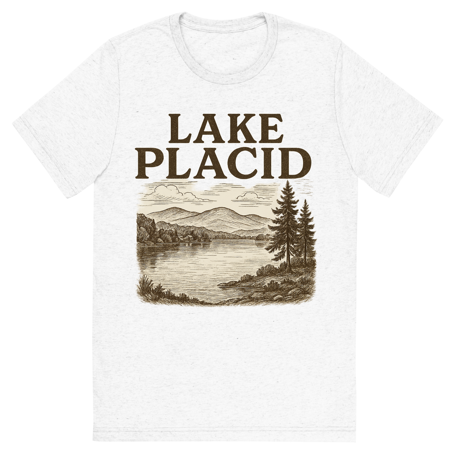 Front view of a Premium Tri-Blend Crew Neck T-Shirt in Solid White showing 'A typographic, nostalgic graphic of a typographic illustration of the words 'lake placid' with a vintage line art drawing of mirror lake'