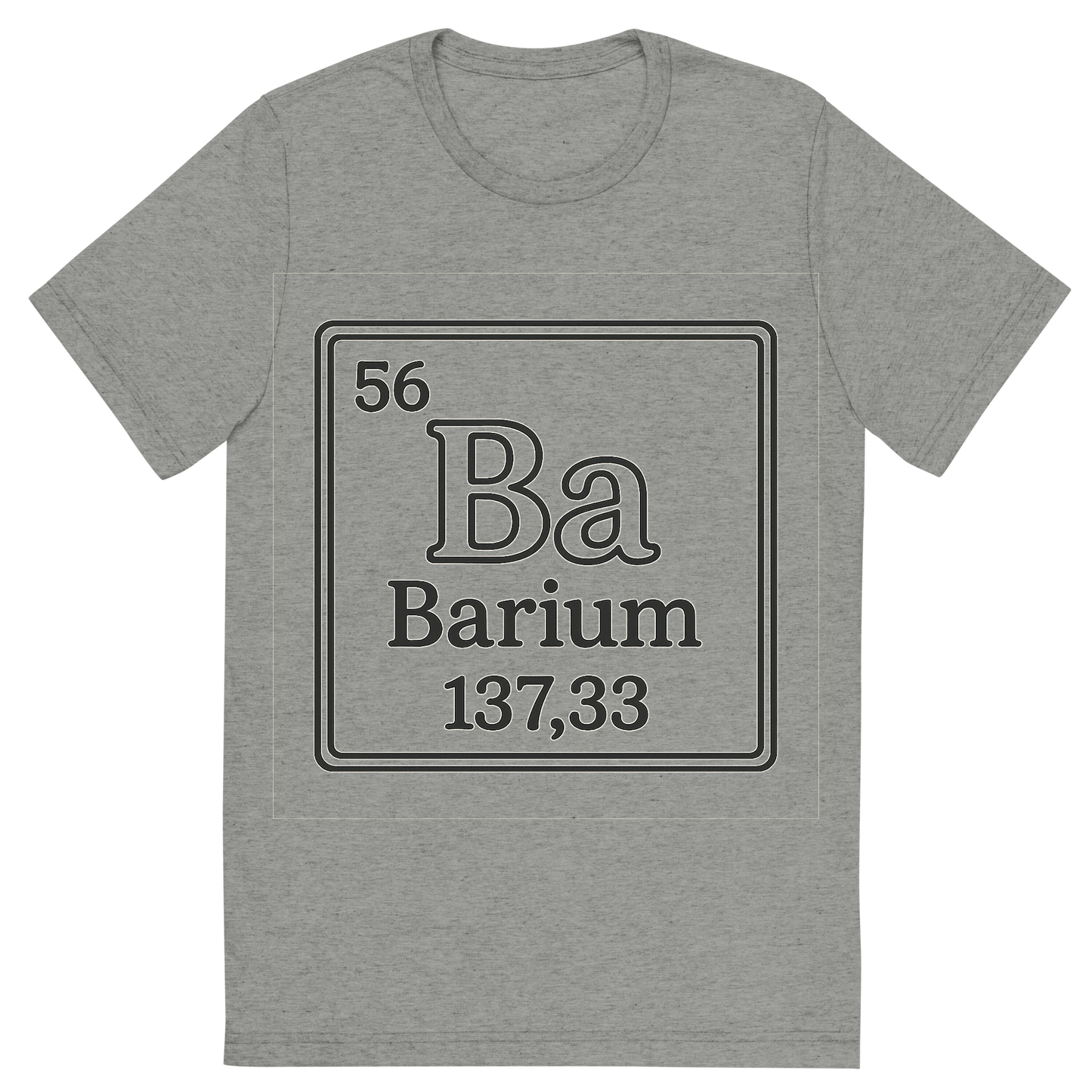 Front view of a Premium Tri-Blend Crew Neck T-Shirt in Athletic Grey showing 'A line art, nostalgic graphic of barium's entry on the periodic table, use a dark color for the lines and text'