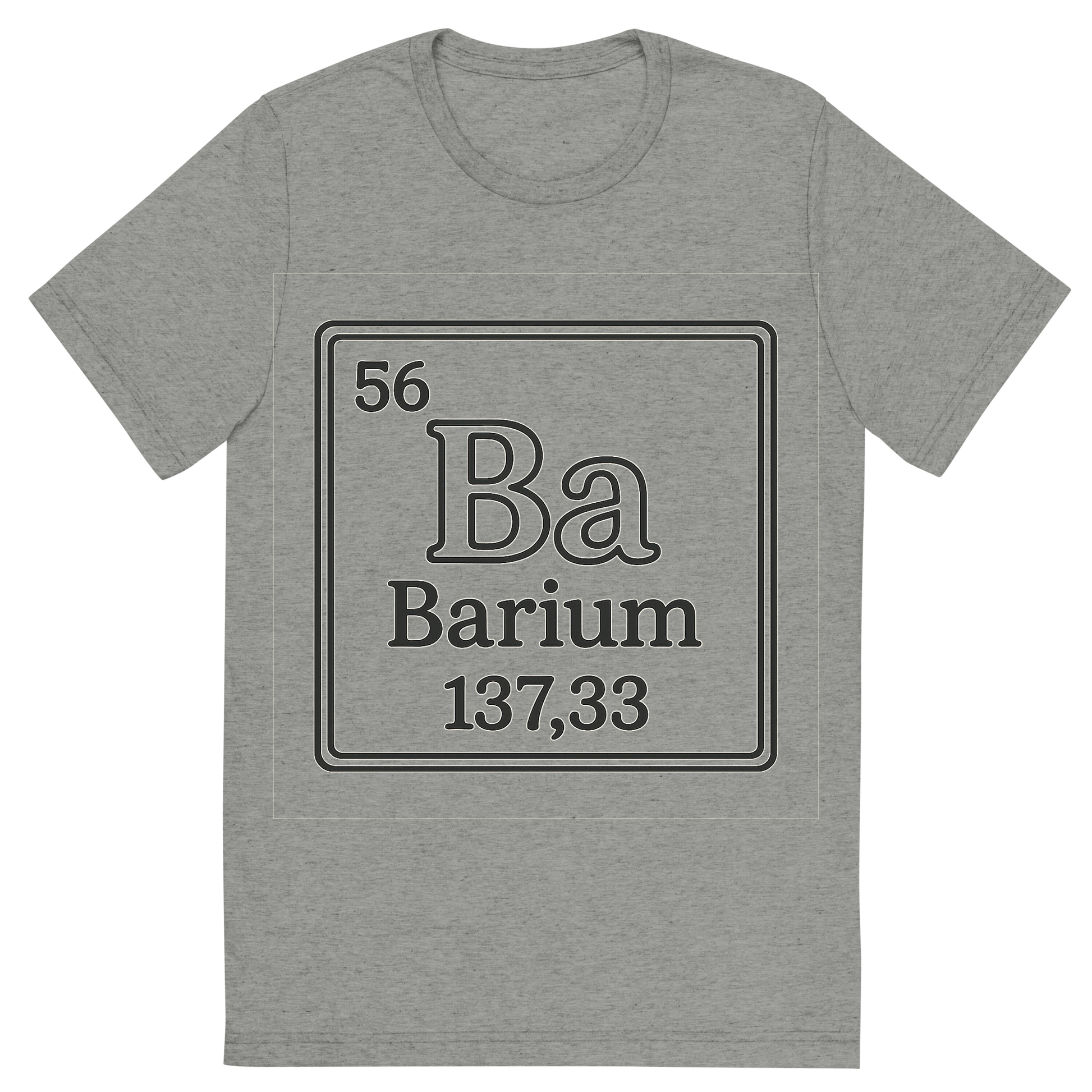 Front view of a Premium Tri-Blend Crew Neck T-Shirt in Athletic Grey showing 'A line art, nostalgic graphic of barium's entry on the periodic table, use a dark color for the lines and text'