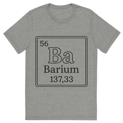 Front view of a Premium Tri-Blend Crew Neck T-Shirt in Athletic Grey showing 'A line art, nostalgic graphic of barium's entry on the periodic table, use a dark color for the lines and text'