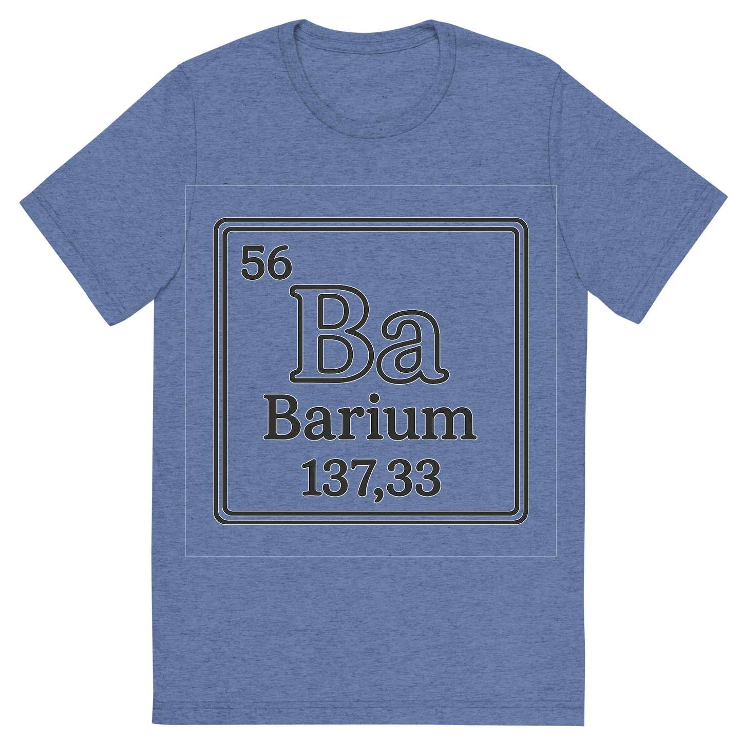 Front view of a Premium Tri-Blend Crew Neck T-Shirt in Blue showing 'A line art, nostalgic graphic of barium's entry on the periodic table, use a dark color for the lines and text'