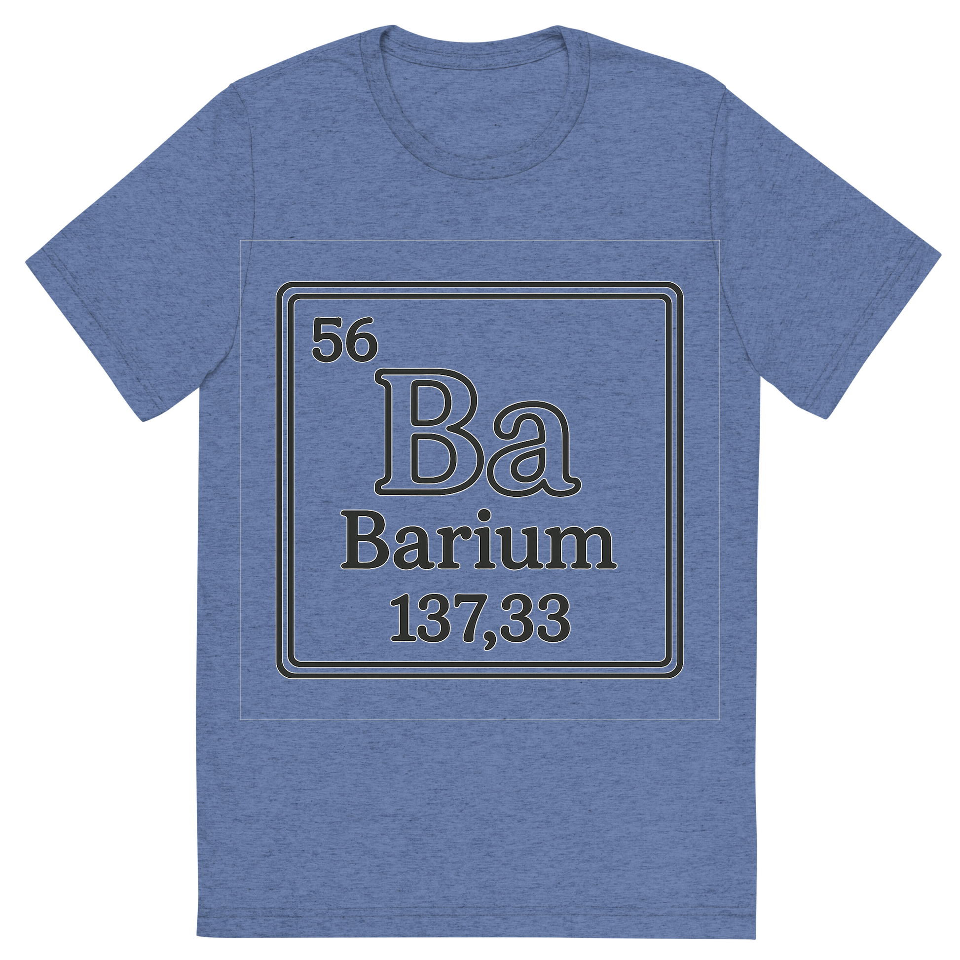 Front view of a Premium Tri-Blend Crew Neck T-Shirt in Blue showing 'A line art, nostalgic graphic of barium's entry on the periodic table, use a dark color for the lines and text'
