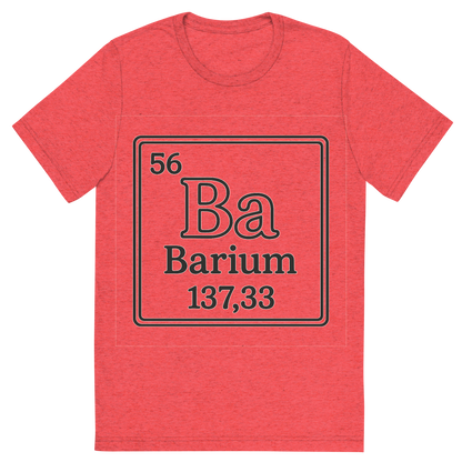 Front view of a Premium Tri-Blend Crew Neck T-Shirt in Red showing 'A line art, nostalgic graphic of barium's entry on the periodic table, use a dark color for the lines and text'