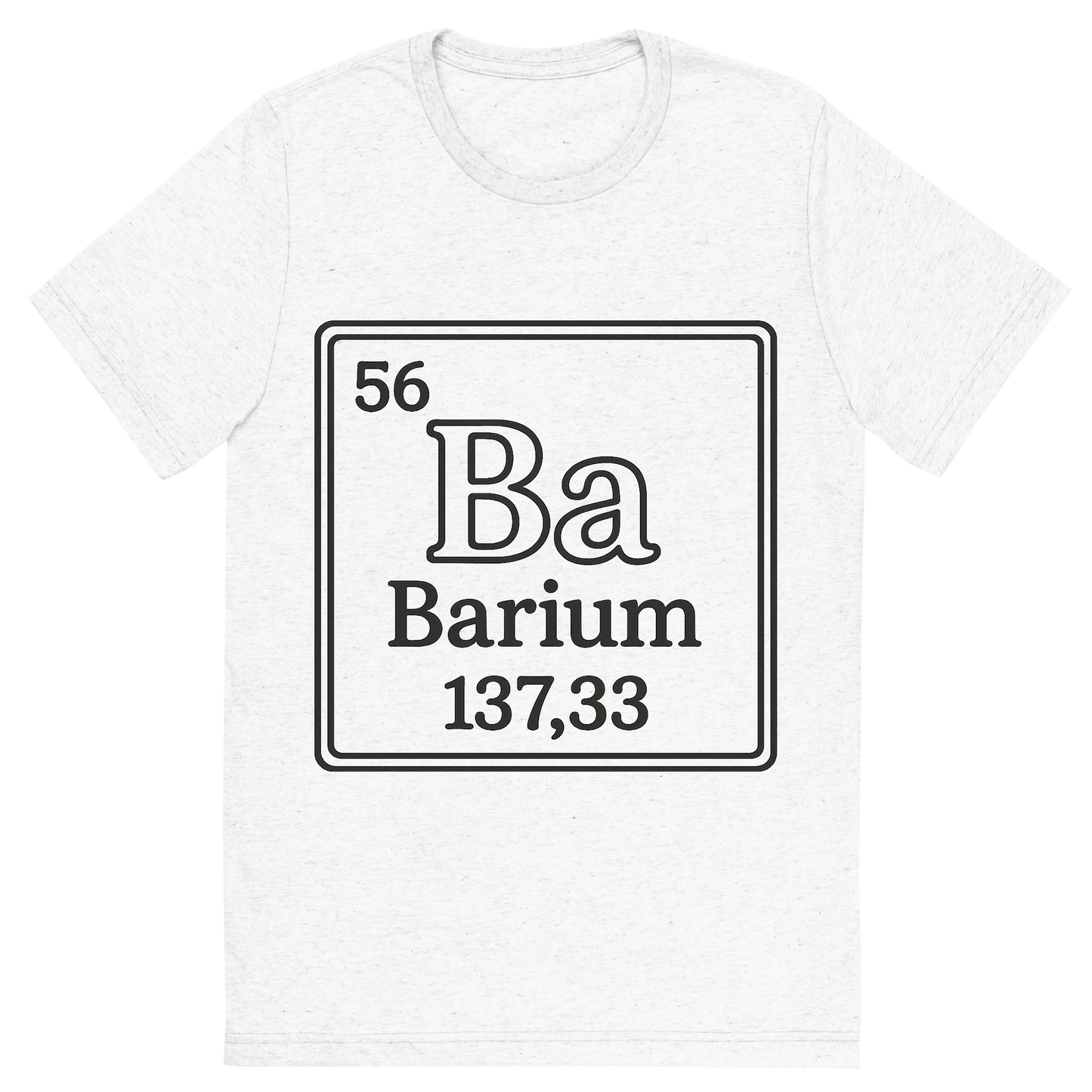 Front view of a Premium Tri-Blend Crew Neck T-Shirt in Solid White showing 'A line art, nostalgic graphic of barium's entry on the periodic table, use a dark color for the lines and text'