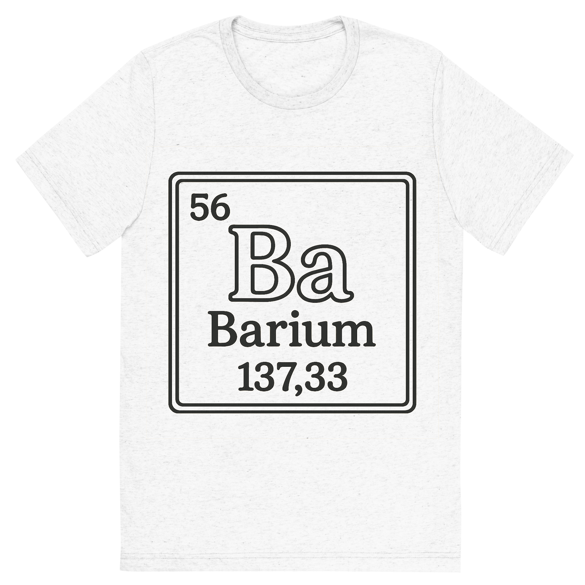 Front view of a Premium Tri-Blend Crew Neck T-Shirt in Solid White showing 'A line art, nostalgic graphic of barium's entry on the periodic table, use a dark color for the lines and text'