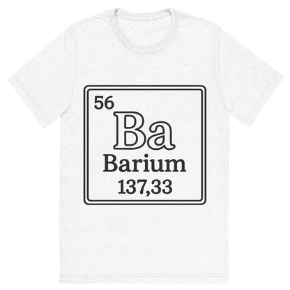 Front view of a Premium Tri-Blend Crew Neck T-Shirt in Solid White showing 'A line art, nostalgic graphic of barium's entry on the periodic table, use a dark color for the lines and text'