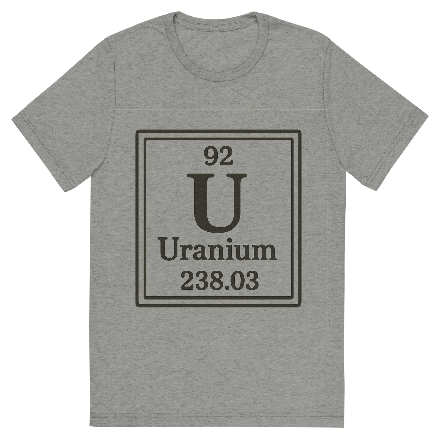 Front view of a Premium Tri-Blend Crew Neck T-Shirt in Athletic Grey showing 'A line art, nostalgic graphic of uranium's entry on the periodic table, use a dark color for the lines and text'