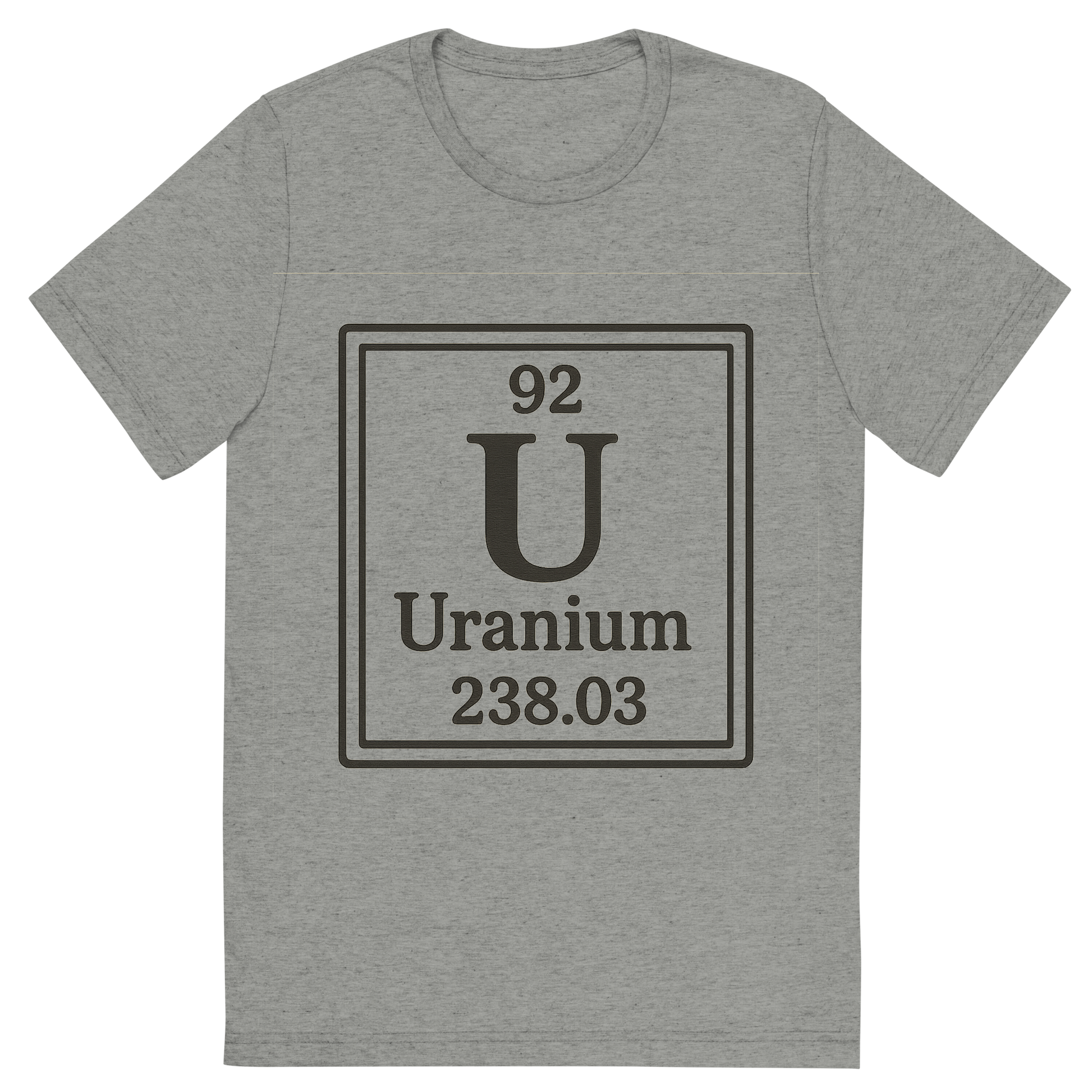 Front view of a Premium Tri-Blend Crew Neck T-Shirt in Athletic Grey showing 'A line art, nostalgic graphic of uranium's entry on the periodic table, use a dark color for the lines and text'