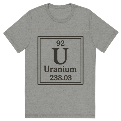 Front view of a Premium Tri-Blend Crew Neck T-Shirt in Athletic Grey showing 'A line art, nostalgic graphic of uranium's entry on the periodic table, use a dark color for the lines and text'