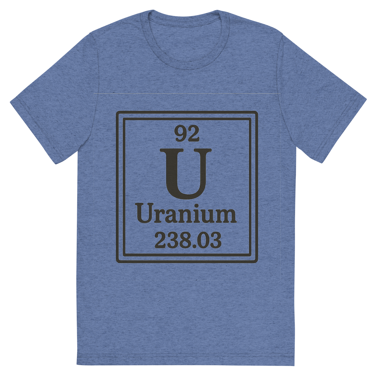 Front view of a Premium Tri-Blend Crew Neck T-Shirt in Blue showing 'A line art, nostalgic graphic of uranium's entry on the periodic table, use a dark color for the lines and text'