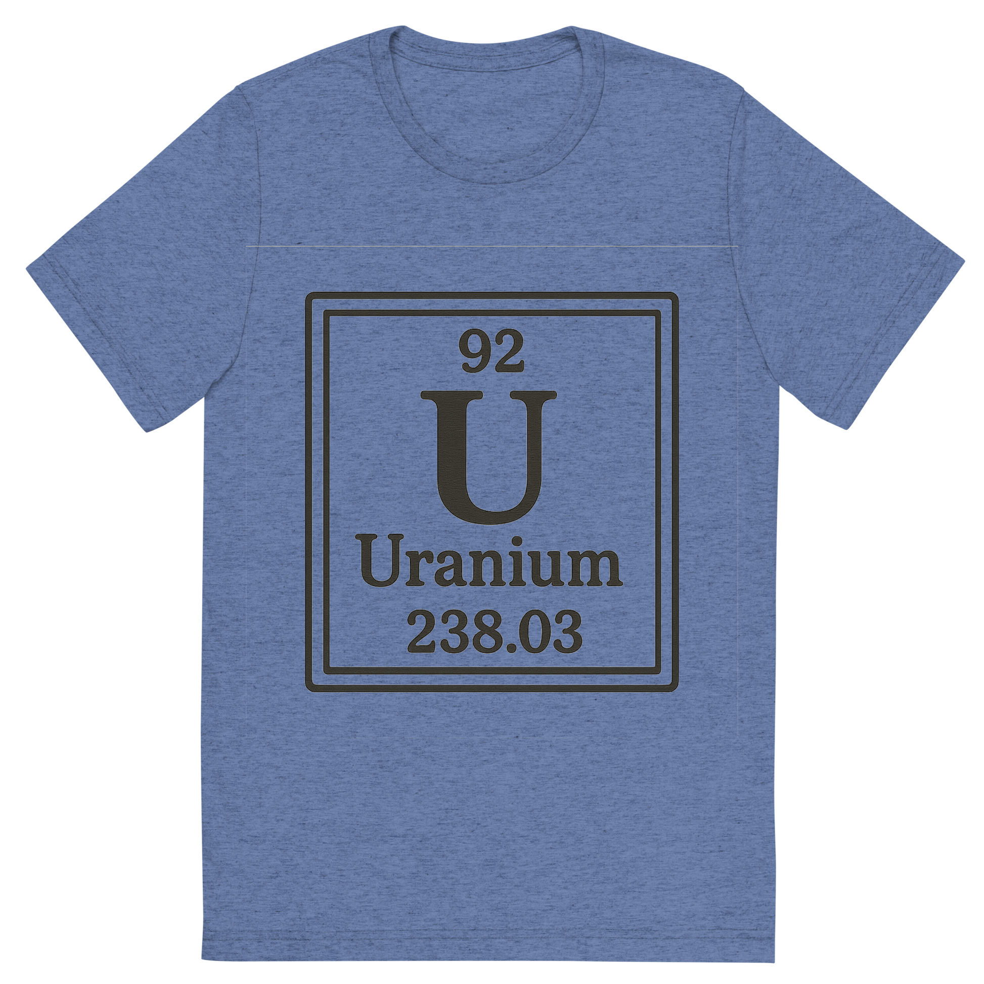 Front view of a Premium Tri-Blend Crew Neck T-Shirt in Blue showing 'A line art, nostalgic graphic of uranium's entry on the periodic table, use a dark color for the lines and text'
