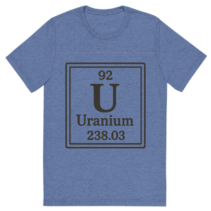 Front view of a Premium Tri-Blend Crew Neck T-Shirt in Blue showing 'A line art, nostalgic graphic of uranium's entry on the periodic table, use a dark color for the lines and text'