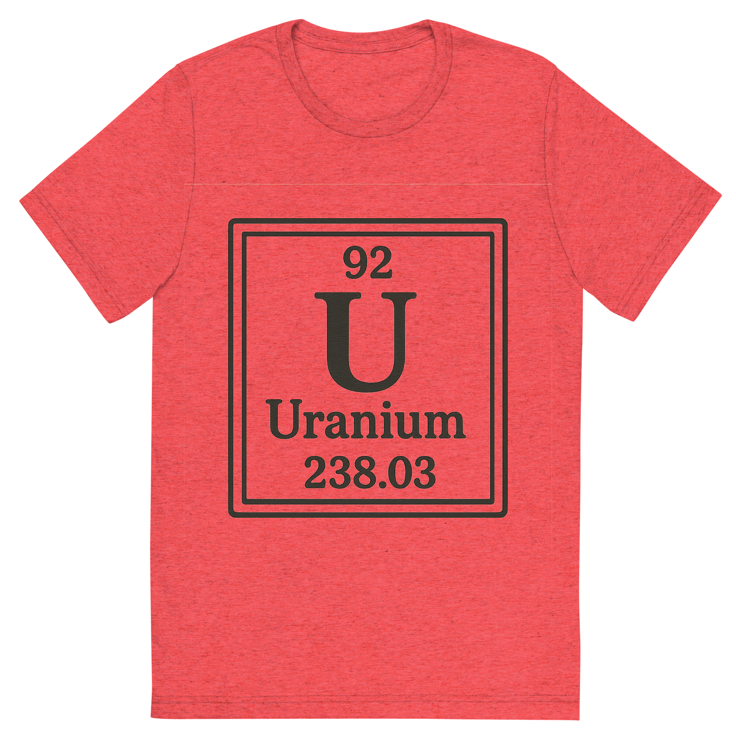 Front view of a Premium Tri-Blend Crew Neck T-Shirt in Red showing 'A line art, nostalgic graphic of uranium's entry on the periodic table, use a dark color for the lines and text'