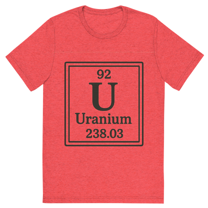 Front view of a Premium Tri-Blend Crew Neck T-Shirt in Red showing 'A line art, nostalgic graphic of uranium's entry on the periodic table, use a dark color for the lines and text'