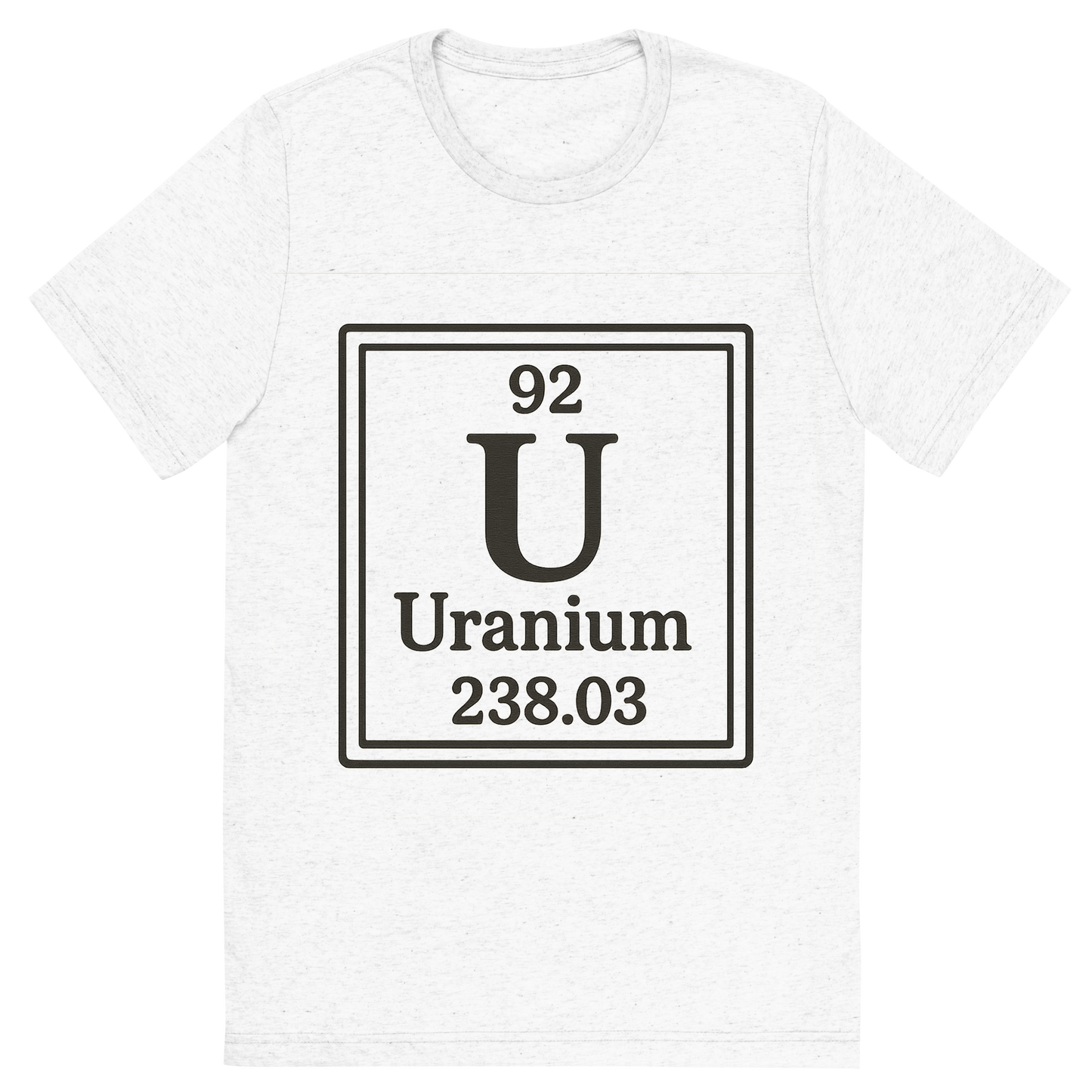 Front view of a Premium Tri-Blend Crew Neck T-Shirt in Solid White showing 'A line art, nostalgic graphic of uranium's entry on the periodic table, use a dark color for the lines and text'
