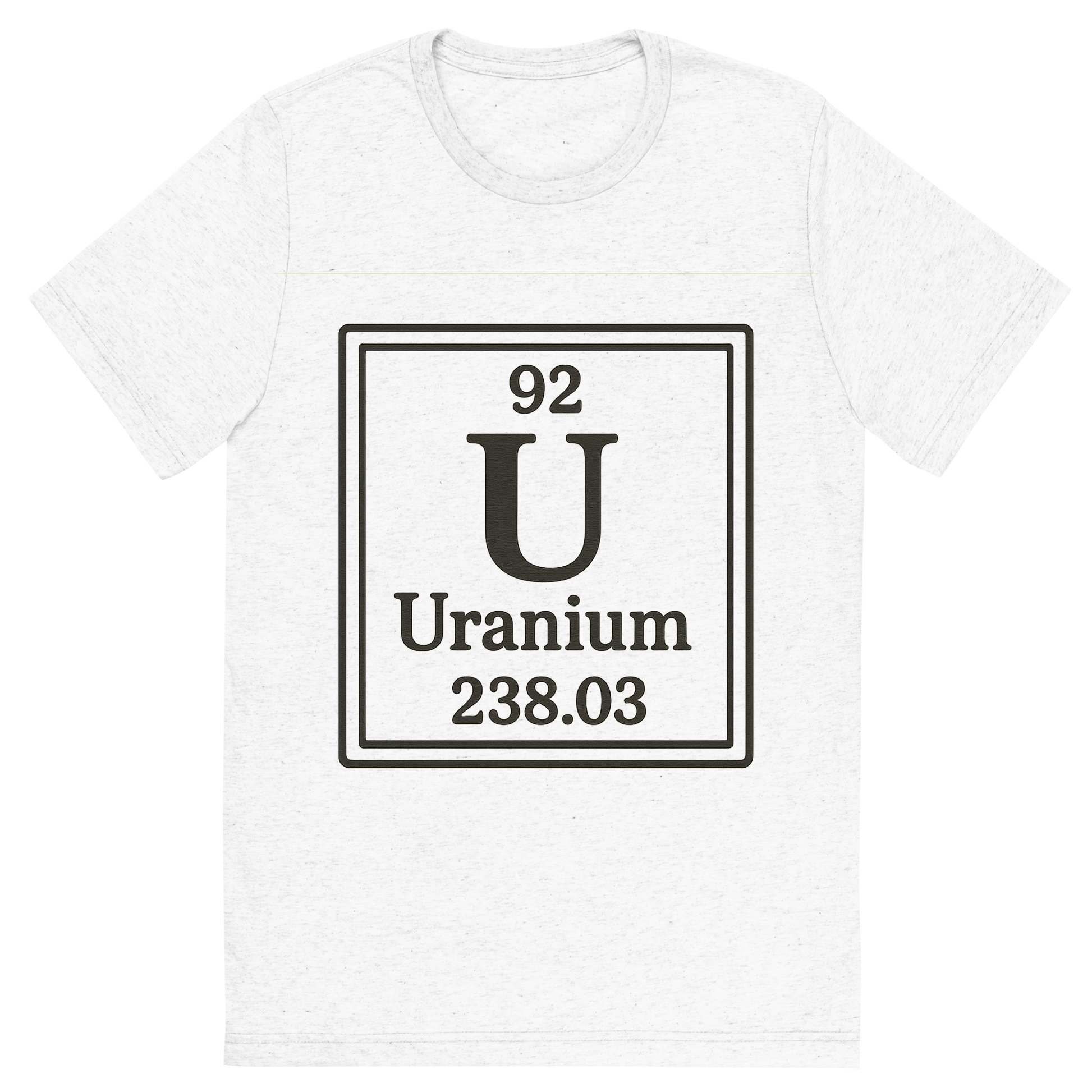 Front view of a Premium Tri-Blend Crew Neck T-Shirt in Solid White showing 'A line art, nostalgic graphic of uranium's entry on the periodic table, use a dark color for the lines and text'