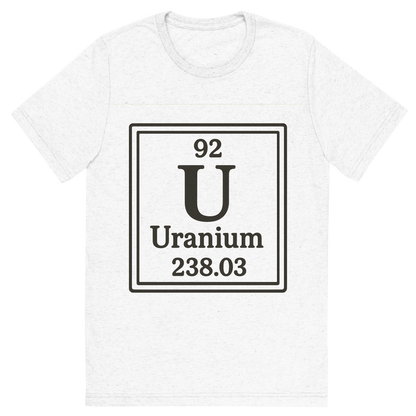 Front view of a Premium Tri-Blend Crew Neck T-Shirt in Solid White showing 'A line art, nostalgic graphic of uranium's entry on the periodic table, use a dark color for the lines and text'
