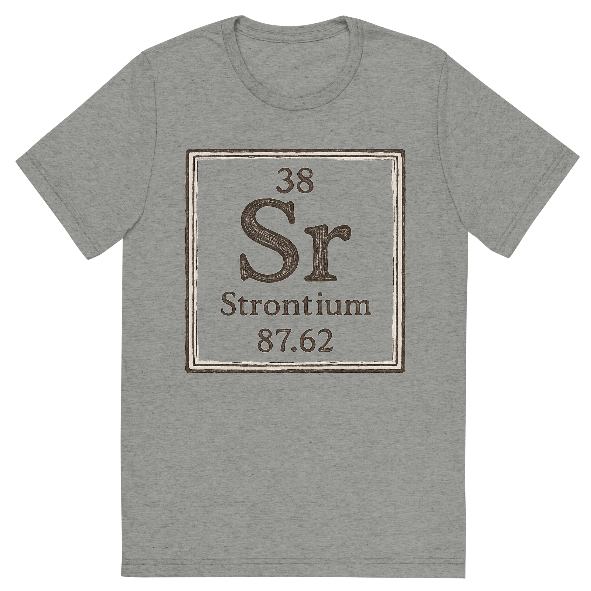 Front view of a Premium Tri-Blend Crew Neck T-Shirt in Athletic Grey showing 'A line art, nostalgic graphic of strontium's entry on the periodic table, use a dark color for the lines and text'