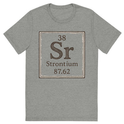 Front view of a Premium Tri-Blend Crew Neck T-Shirt in Athletic Grey showing 'A line art, nostalgic graphic of strontium's entry on the periodic table, use a dark color for the lines and text'