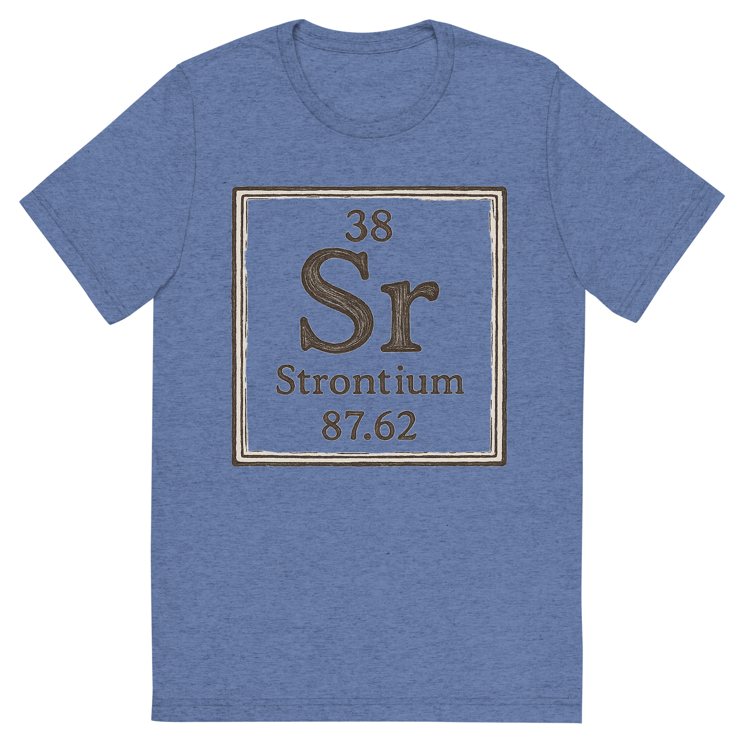 Front view of a Premium Tri-Blend Crew Neck T-Shirt in Blue showing 'A line art, nostalgic graphic of strontium's entry on the periodic table, use a dark color for the lines and text'